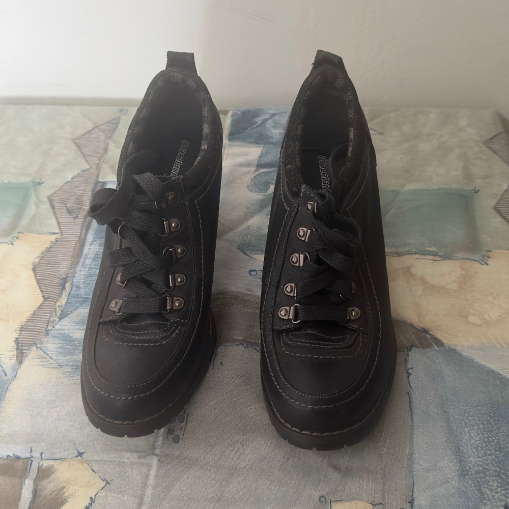 Black Chunky Wedge Lace-Up Boots | Platform Combat Style Shoes Size 40 US 9–9.5